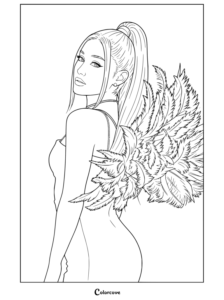 Coloriage d'Ariana Grande portant des ailes de plumes noires et une robe élégante