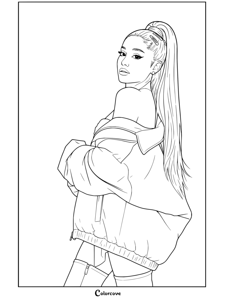 Coloriage à imprimer d'Ariana Grande vêtue d'une doudoune rose oversize avec sa queue-de-cheval haute.