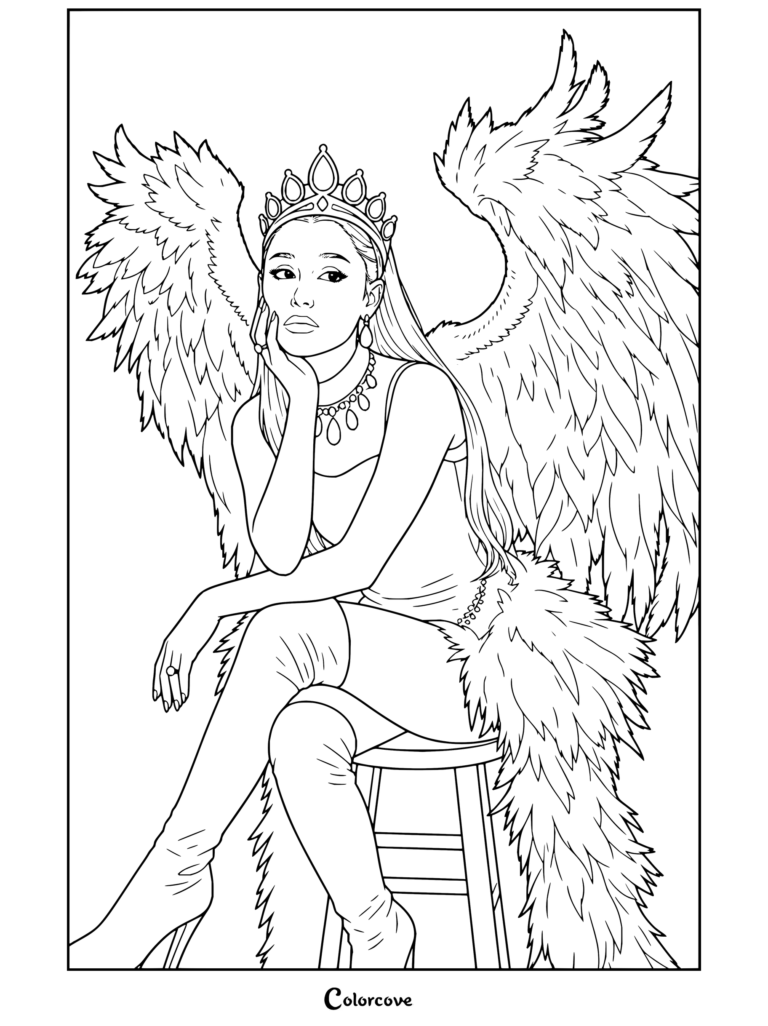 Coloriage d'Ariana Grande en costume d'ange avec de grandes ailes en plumes et un diadème, assise sur un tabouret