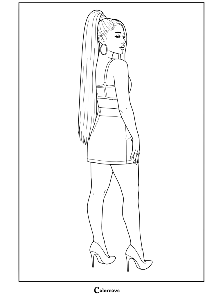 Coloriage d'Ariana Grande vêtue d'une tenue rose et de talons hauts, avec une longue queue-de-cheval.