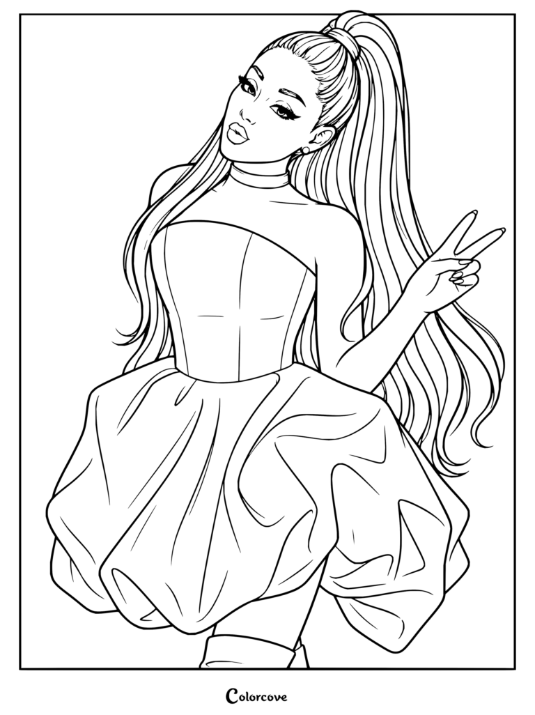 Coloriage d'Ariana Grande arborant sa queue-de-cheval haute signature, une robe bouffante volumineuse, un ras-du-cou et faisant le signe de la paix.