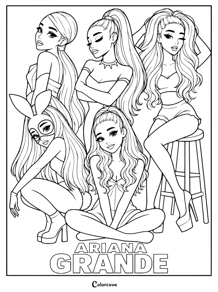 Coloriage d'Ariana Grande présentant un collage de cinq styles et poses emblématiques de la chanteuse, notamment avec sa queue-de-cheval haute et son masque de lapin.