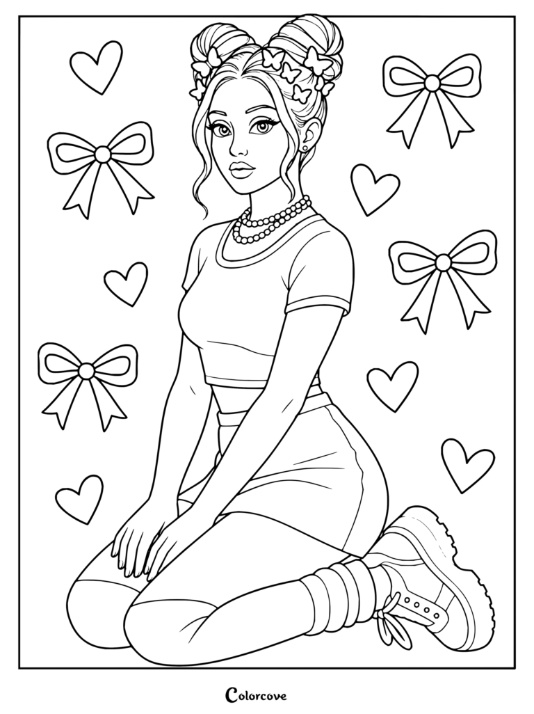 Coloriage gratuit à imprimer d'Ariana Grande avec des macarons, des nœuds et des cœurs.