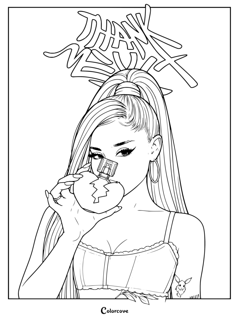 Coloriage au trait détaillé d'Ariana Grande tenant un flacon de parfum en cœur brisé.