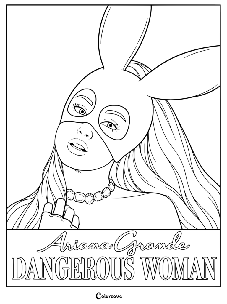 Coloriage d'Ariana Grande version Dangerous Woman la représentant avec un masque de lapin en latex et un ras-du-cou.