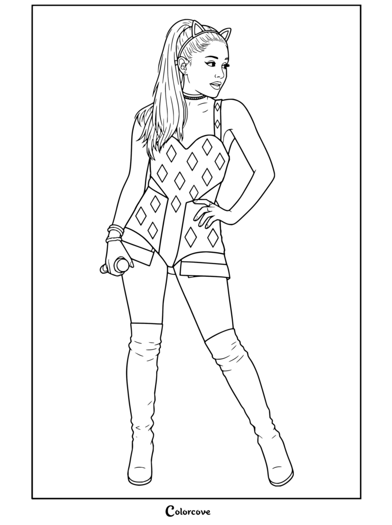 Coloriage gratuit à imprimer d'Ariana Grande vêtue d'une tenue à motifs losanges et d'oreilles de chat.