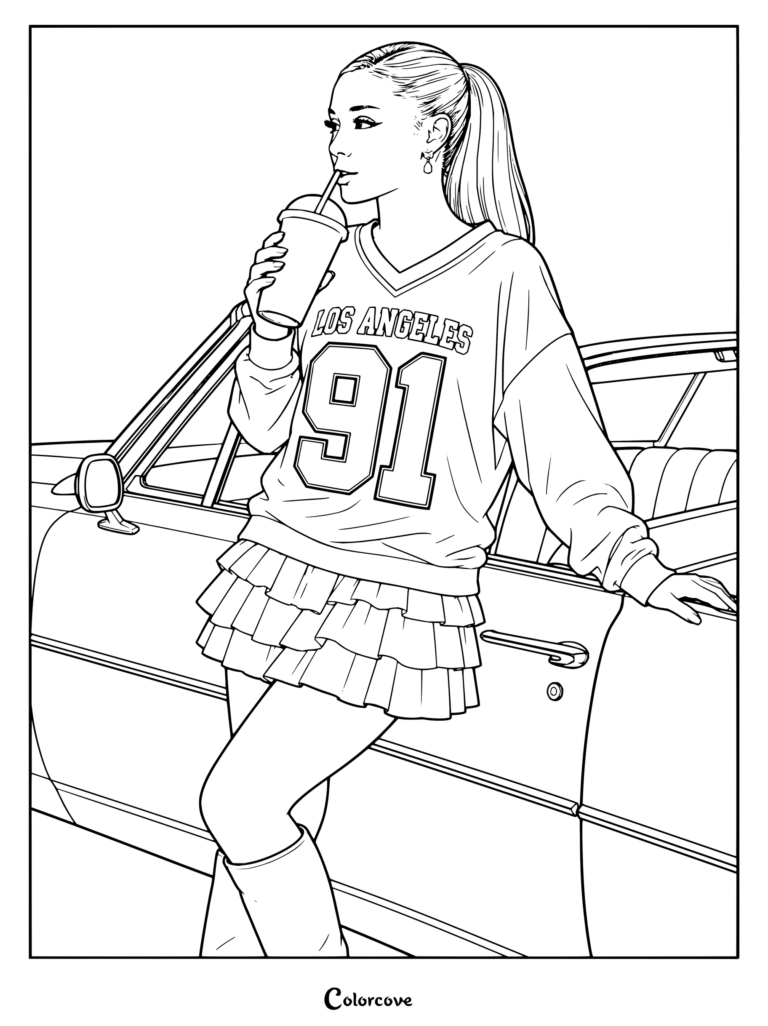 Coloriage d'Ariana Grande posant près d'une voiture vintage vêtue d'un maillot Los Angeles 91, d'une jupe à volants et de chaussettes hautes en buvant dans un gobelet.