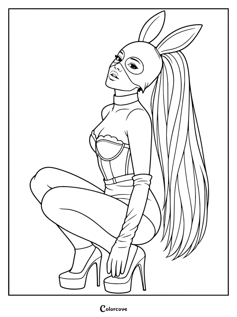 Coloriage d'Ariana Grande durant son ère Dangerous Woman, portant son emblématique masque de lapin en latex, son ras-du-cou en cristal et sa tenue à corset de l'album Dangerous Woman de 2016.