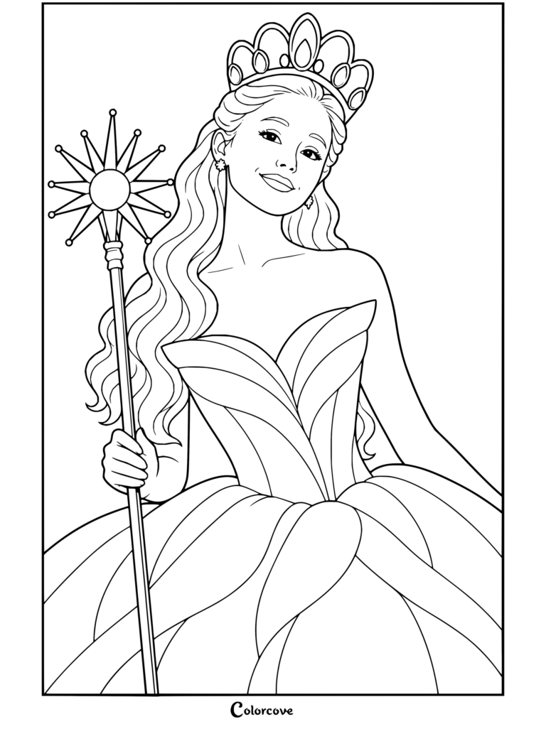Coloriage à imprimer d'Ariana Grande dans le rôle de Glinda, tenant une baguette étoilée vêtue d'une robe somptueuse et d'une couronne.