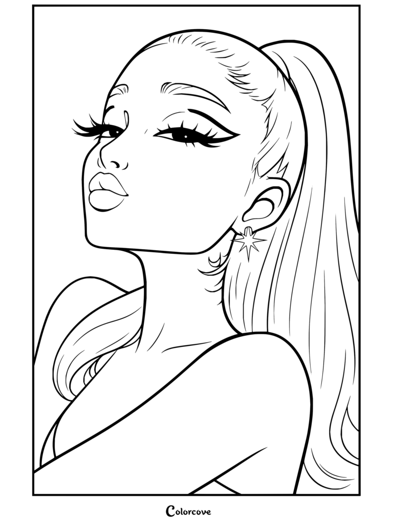 Coloriage portrait numérique d'Ariana Grande avec une queue-de-cheval haute et une bouche en cœur