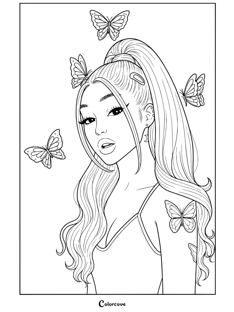 Coloriage d'Ariana Grande avec sa queue-de-cheval haute emblématique, plusieurs papillons et une tenue élégante.