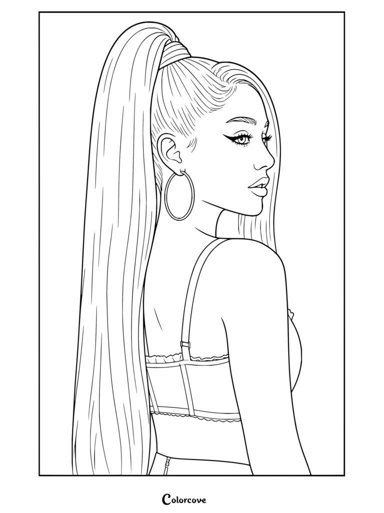 Coloriage d'Ariana Grande de profil avec une queue-de-cheval haute et un corset.
