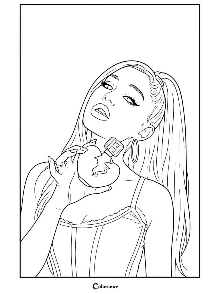 Coloriage à imprimer d'Ariana Grande tenant le flacon de parfum en cœur Thank U, Next, avec sa queue-de-cheval haute signature et des créoles.