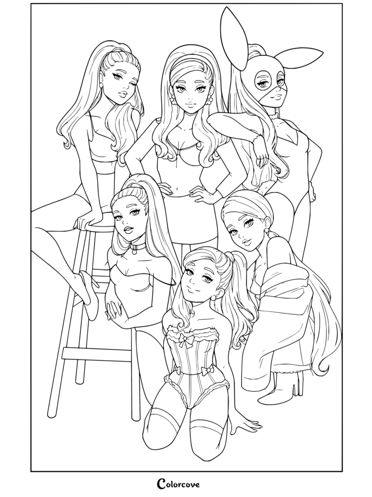 Coloriage d'Ariana Grande illustrant un collage de plusieurs ères et tenues différentes.