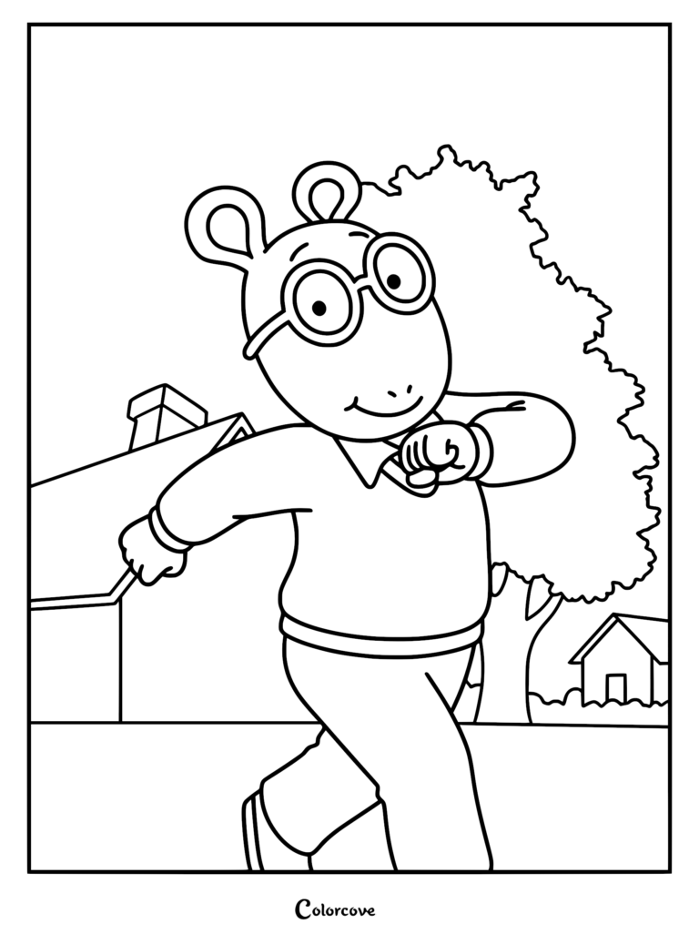 Arthur Read wearing his signature glasses walking past a house and tree in this printable coloring page.