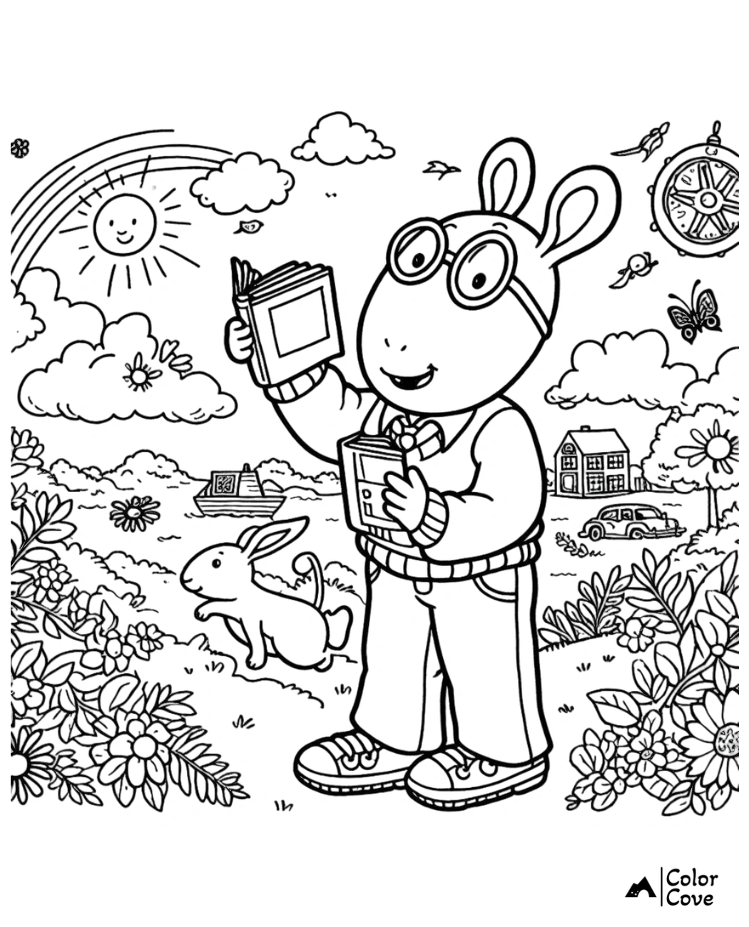 Coloring page of an anthropomorphic rabbit with glasses and a book, standing outside with a sunny, flowery landscape and a rainbow.