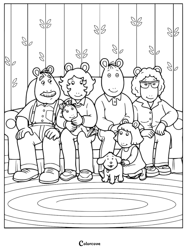 Arthur Read, D.W. Read, Baby Kate, David Read, Jane Read, and Pal the dog sitting together for a family portrait coloring page.