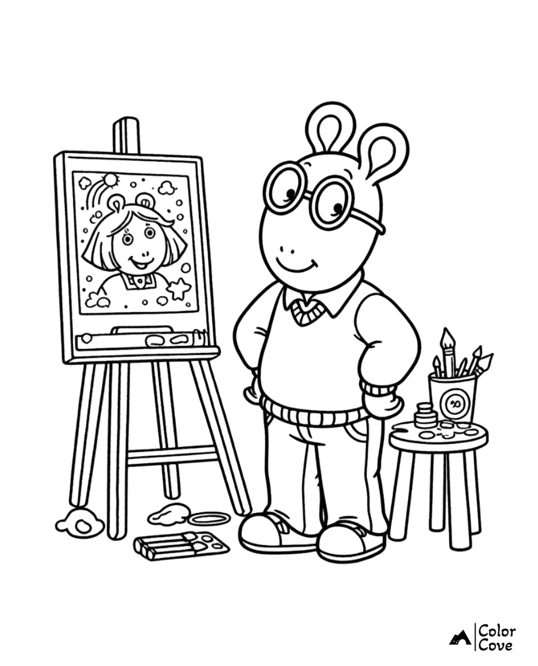 A cute animal character painting on an easel with art supplies text: Color Cove at the bottom. Coloring page.