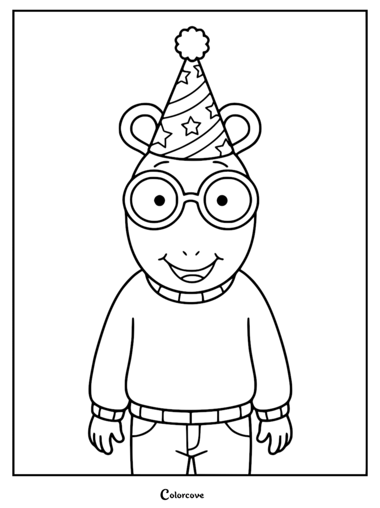 Arthur Read wearing a festive party hat with stars and stripes in this printable coloring page.
