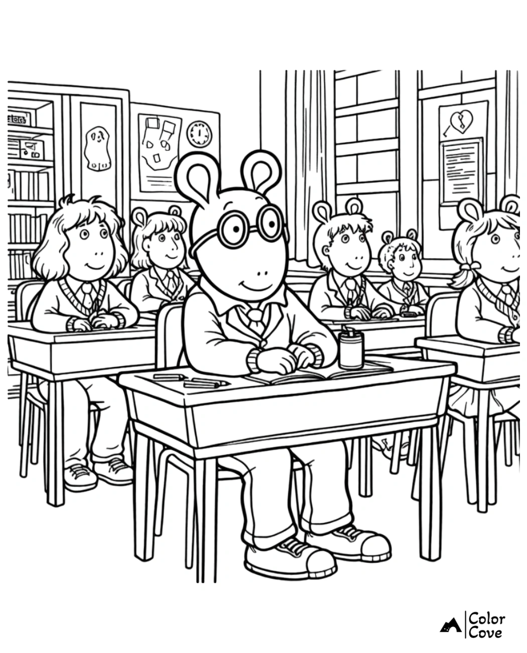 Children coloring page of cartoon animals in a classroom setting, seated at desks and attentively listening to a teacher.