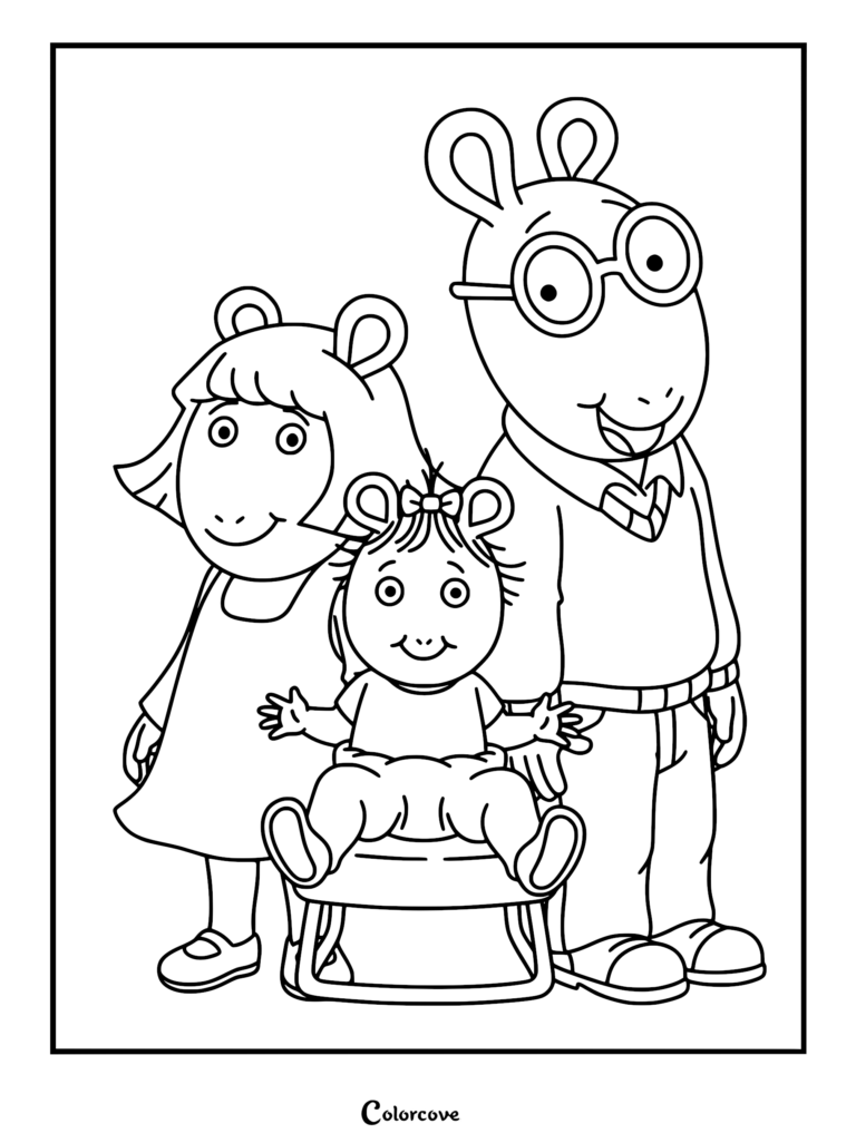 Arthur, D.W., and baby Kate Read standing together in this printable coloring page.