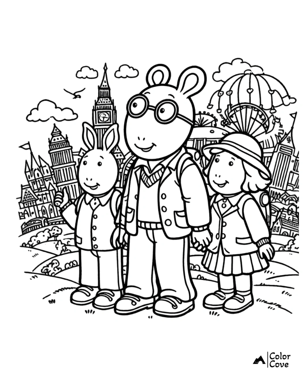 Coloring page featuring three animal characters standing in front of famous landmarks.