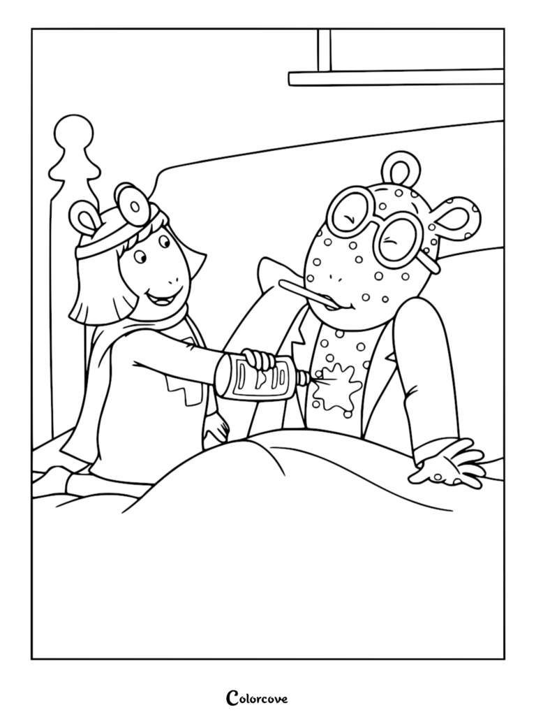 D.W. dressed as a doctor applying medicine to Arthur who is sick in bed with spots and a thermometer, Arthur coloring page.