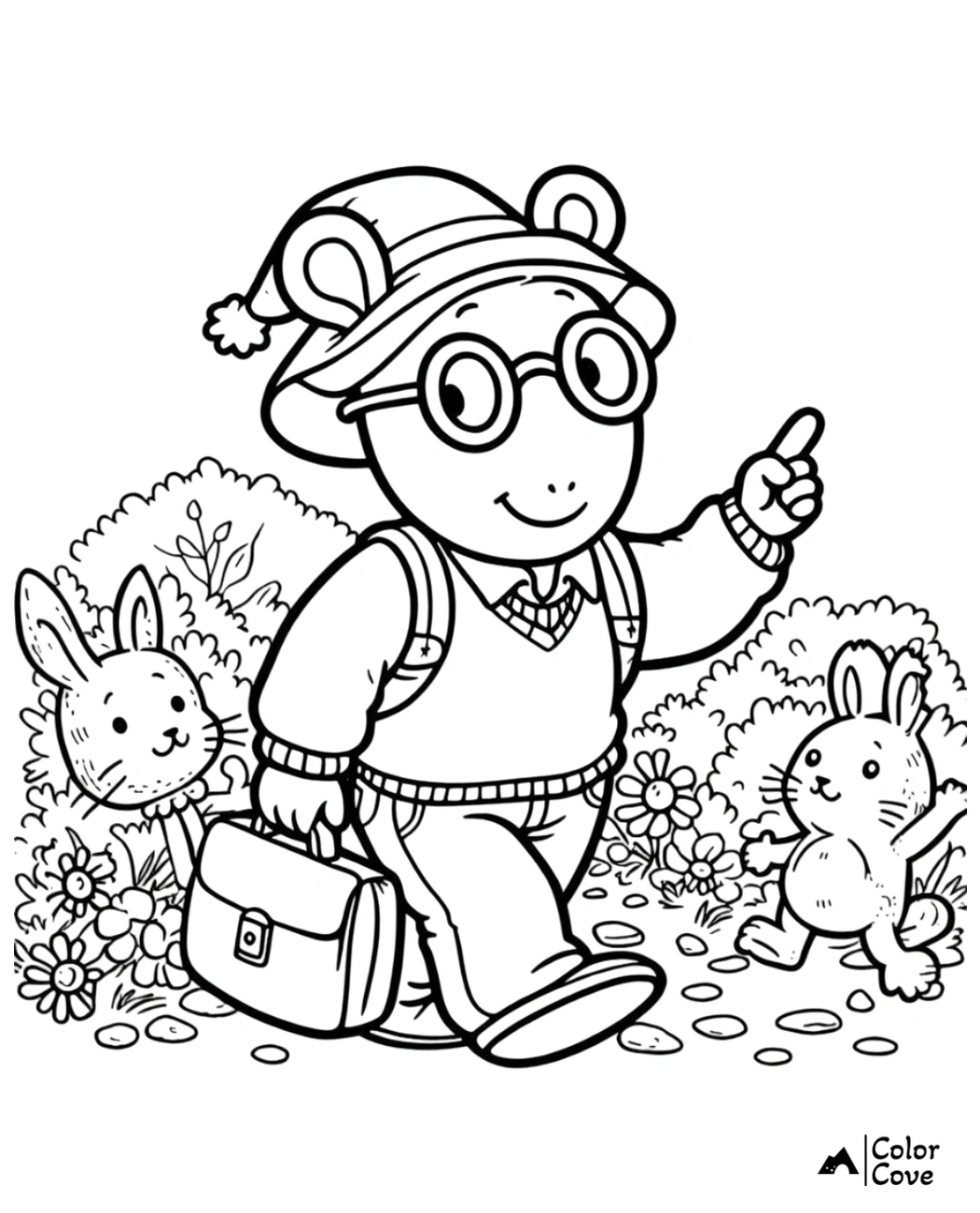 Coloring page of a cute cartoon bear with glasses and hat walking with bunnies in a garden.