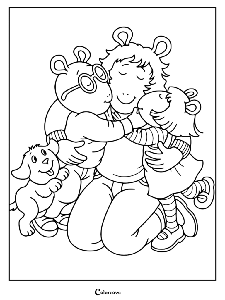 Arthur, D.W., and Pal hugging their mother in a printable coloring page.