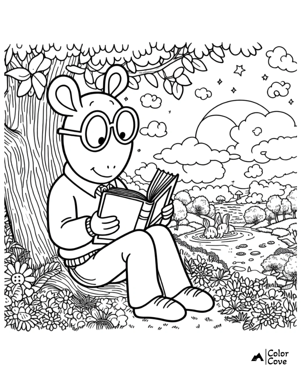 Children's coloring page of a cute cartoon animal with glasses reading a book under a tree; relaxing forest scene.