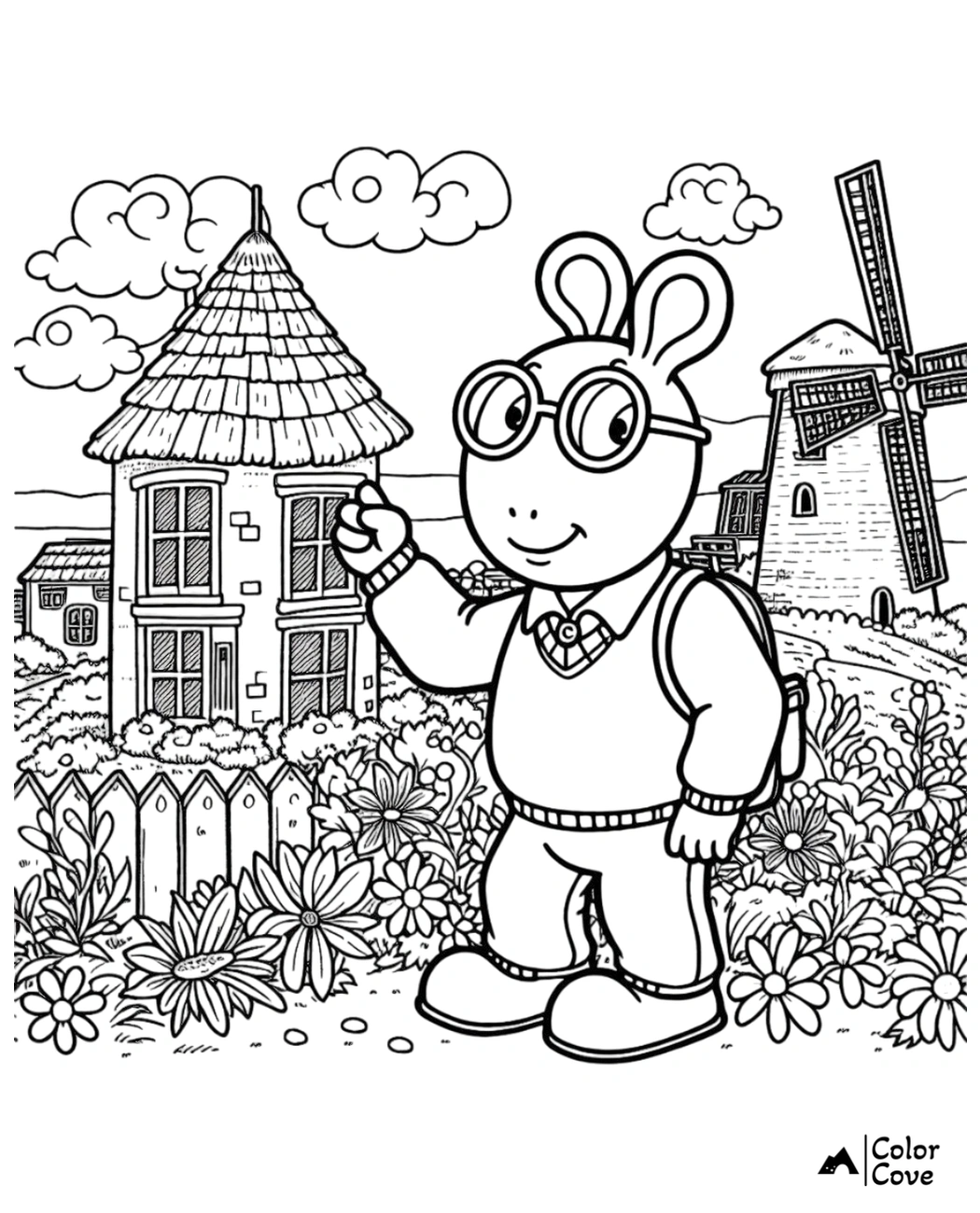 Cartoon rabbit with glasses pointing at a house, windmill in the background, surrounded by flowers and nature.