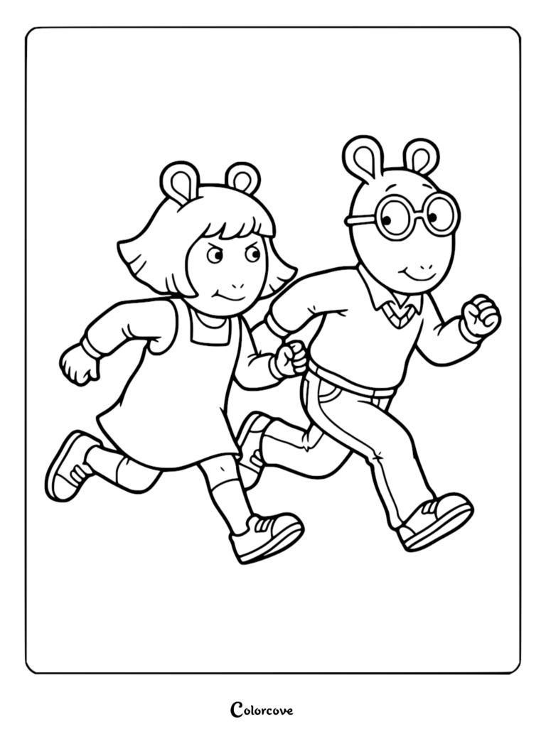Arthur and D.W. running together in this printable coloring page featuring the siblings in motion.