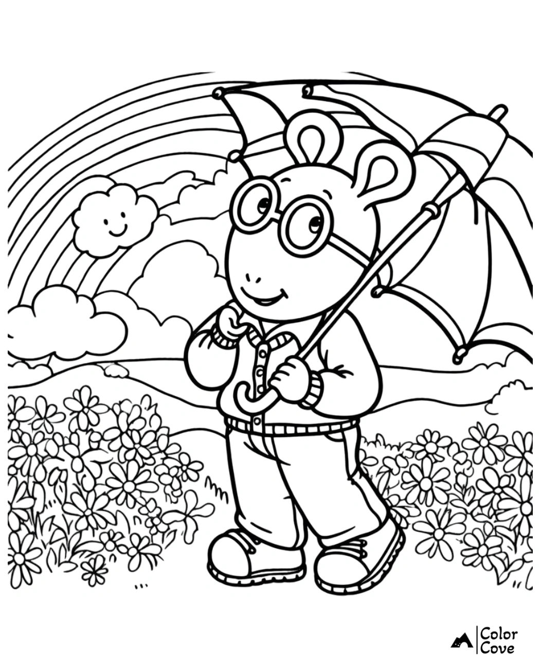 Cartoon character with an umbrella in a flower field under a rainbow and smiling cloud. Coloring page for kids.