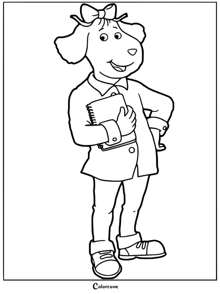 Fern wearing a bow and holding a notebook in this Arthur coloring page.