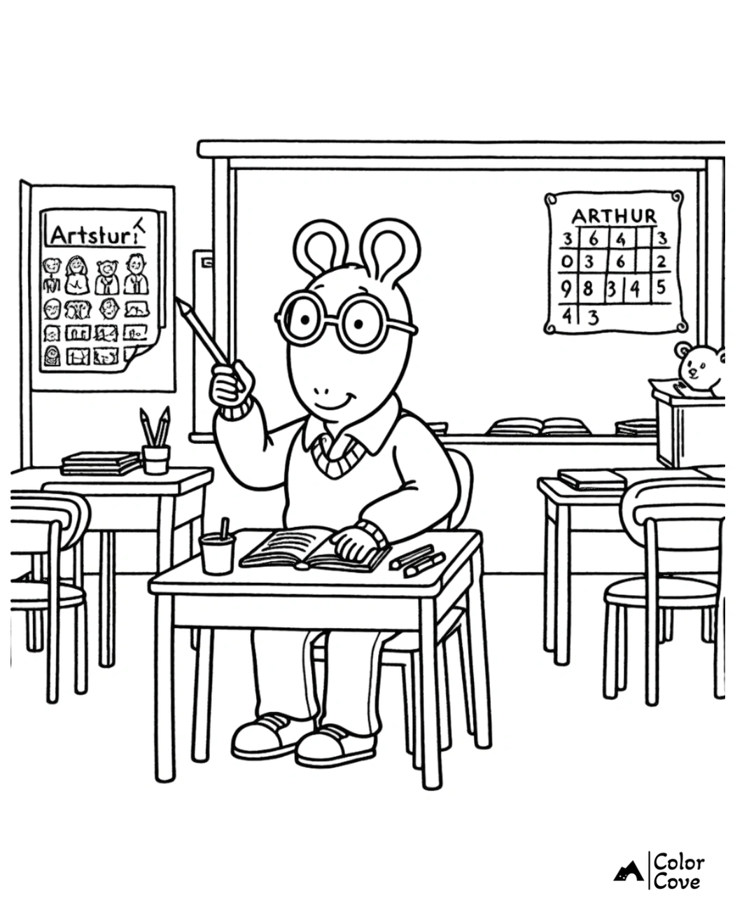 Arthur character coloring page, classroom scene with Arthur at a desk holding a pencil, books, and a chalkboard in background.