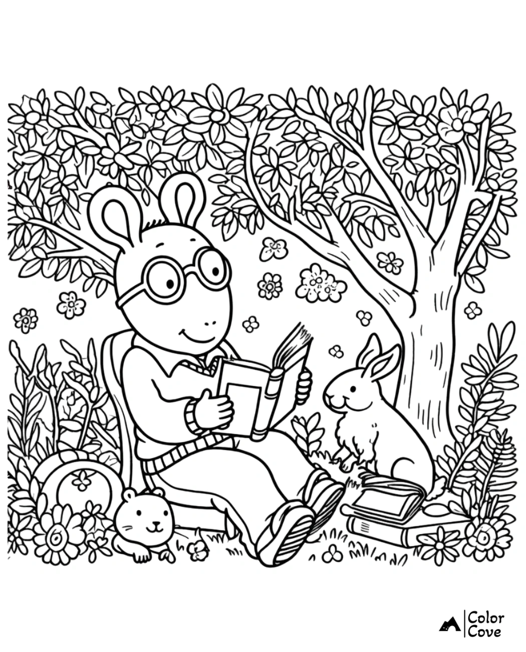 Arthur coloring page with Arthur sitting and reading under a tree, surrounded by a bunny, hamster, and flowers.