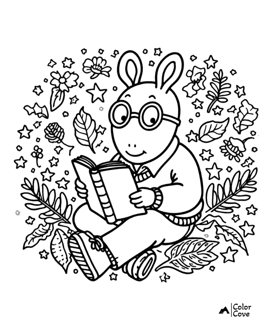 Coloring page of a character with glasses reading a book, surrounded by stars, flowers, and leaves. Ideal for kids.