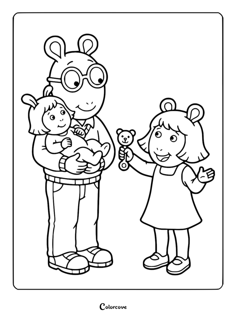 Arthur Read holding baby Kate while D.W. holds a bear rattle in this printable coloring page.