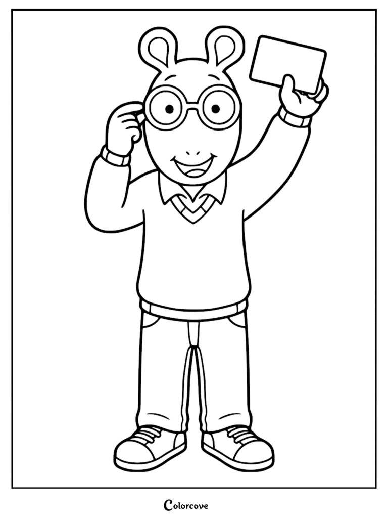 Arthur Read wearing his signature glasses and holding up a small rectangular card in this printable coloring page.