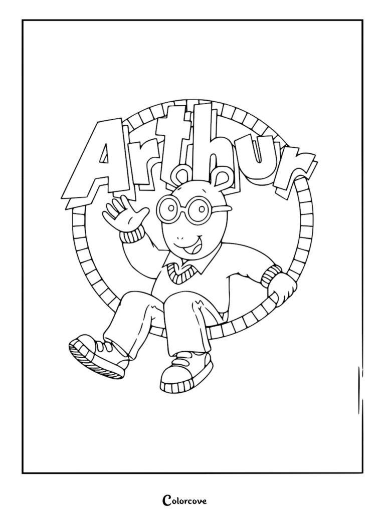 Arthur waving his hand inside a circular frame with the Arthur logo as a printable coloring page