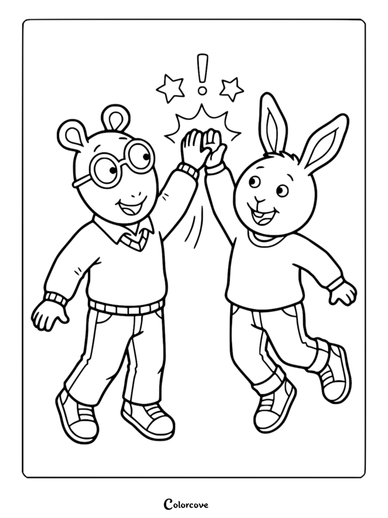 Arthur Read and Buster Baxter giving a high five in this printable Arthur coloring page with stars and an exclamation point above them.