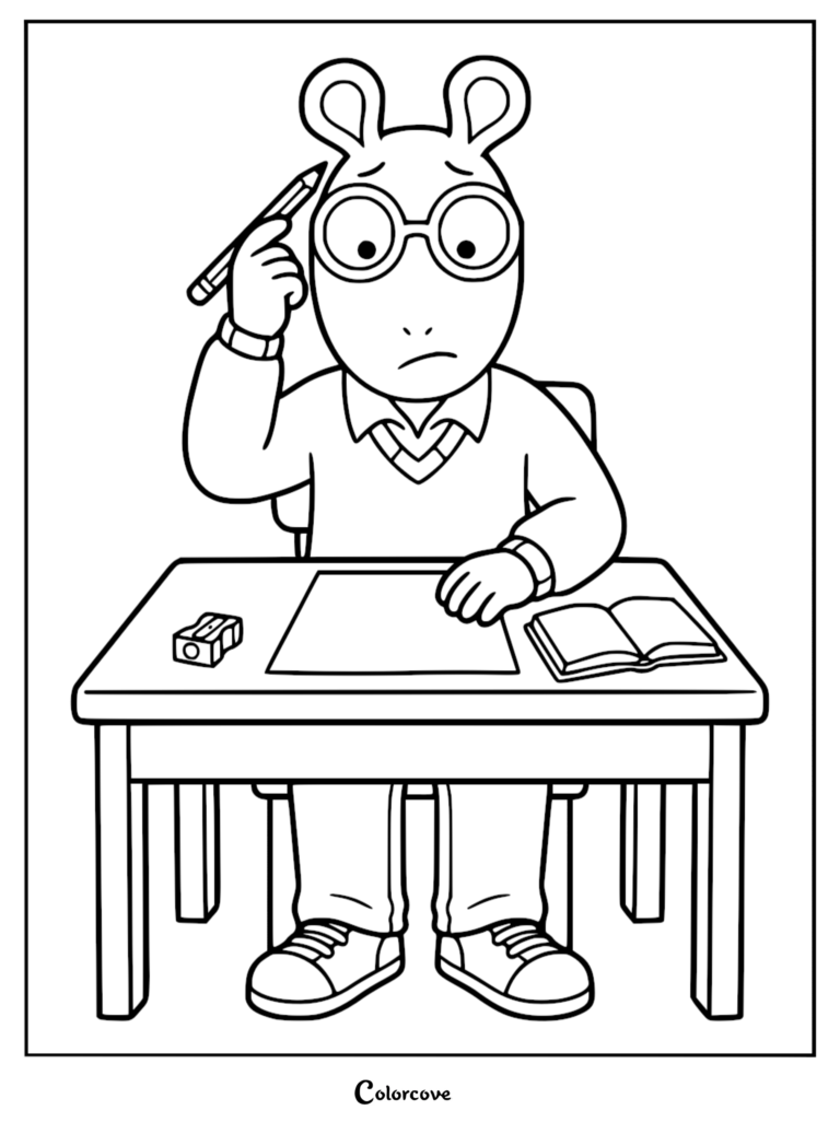 Arthur sitting at a school desk thinking with a pencil while working on a coloring page.