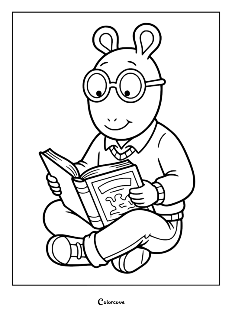 Arthur Read wearing his signature glasses and sweater sitting cross-legged while reading an open book in this printable coloring page.