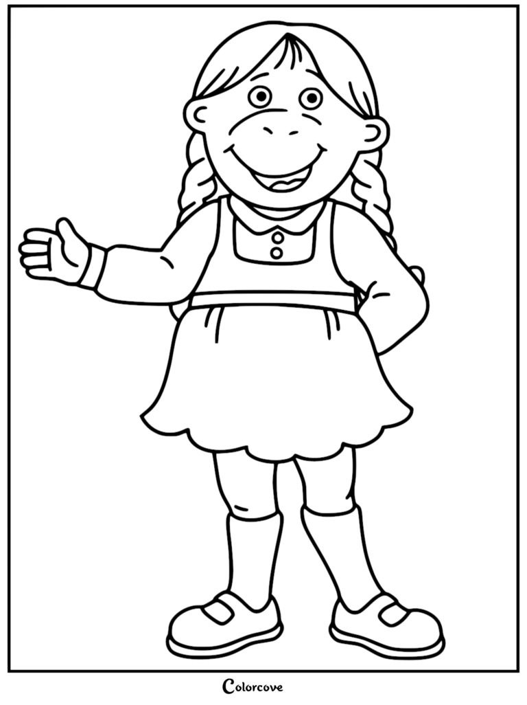Muffy from Arthur standing and waving in a simple line art coloring page.