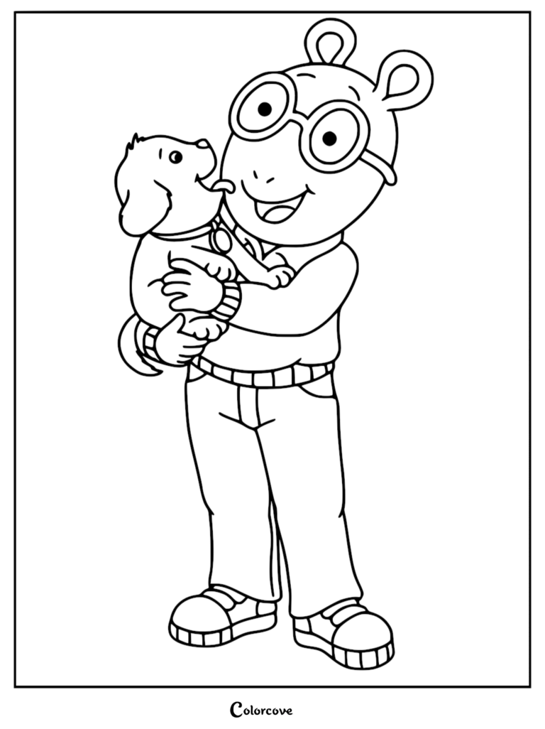 Arthur Read wearing glasses and a sweater holding his pet dog Pal in this printable coloring page.