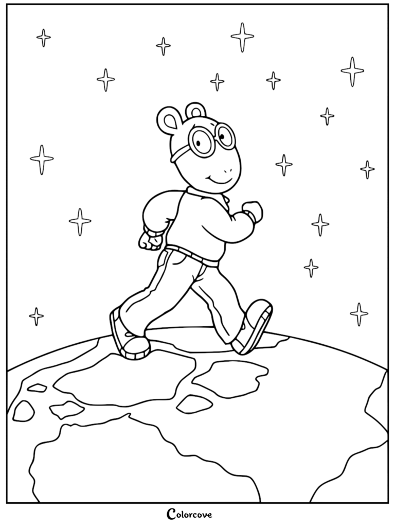 Arthur Read wearing glasses and casual clothes walking on the surface of the Earth surrounded by stars in this printable coloring page.
