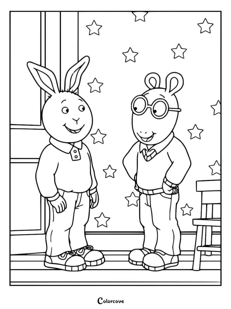Arthur Read and Buster Baxter standing together in a room with star wallpaper on this printable coloring page.
