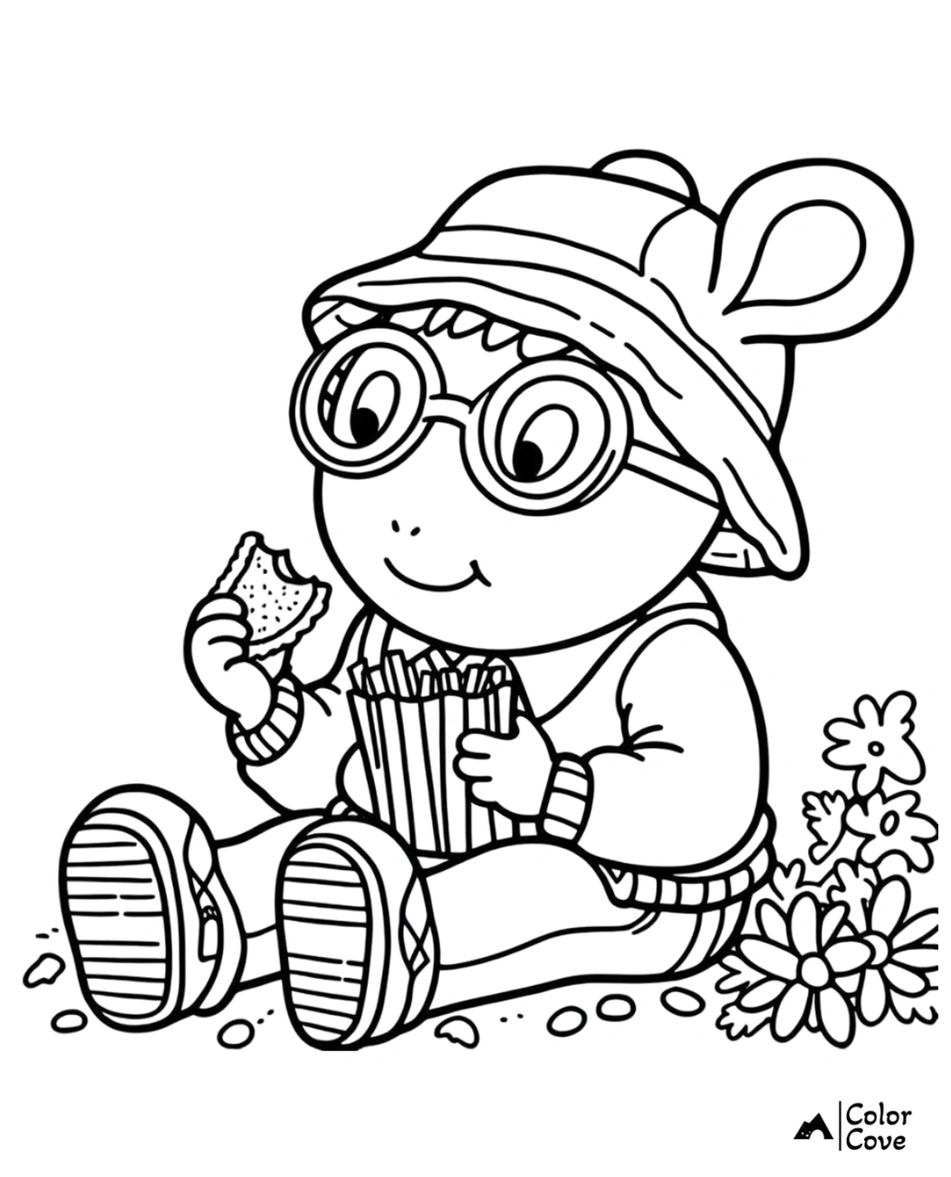 Child in outdoor attire enjoying a sandwich and fries while sitting by flowers. Printable coloring page by Color Cove.