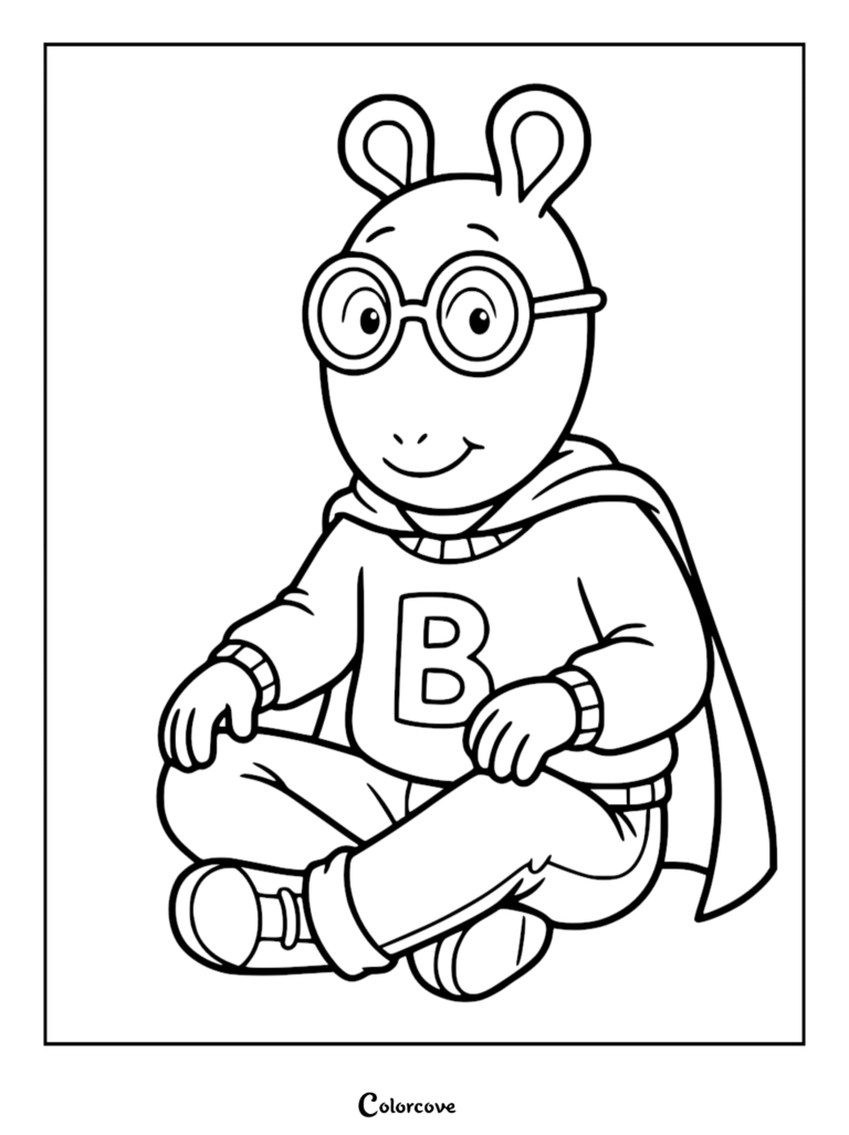 Arthur Read wearing a superhero cape and a sweater with a letter B on this printable coloring page.