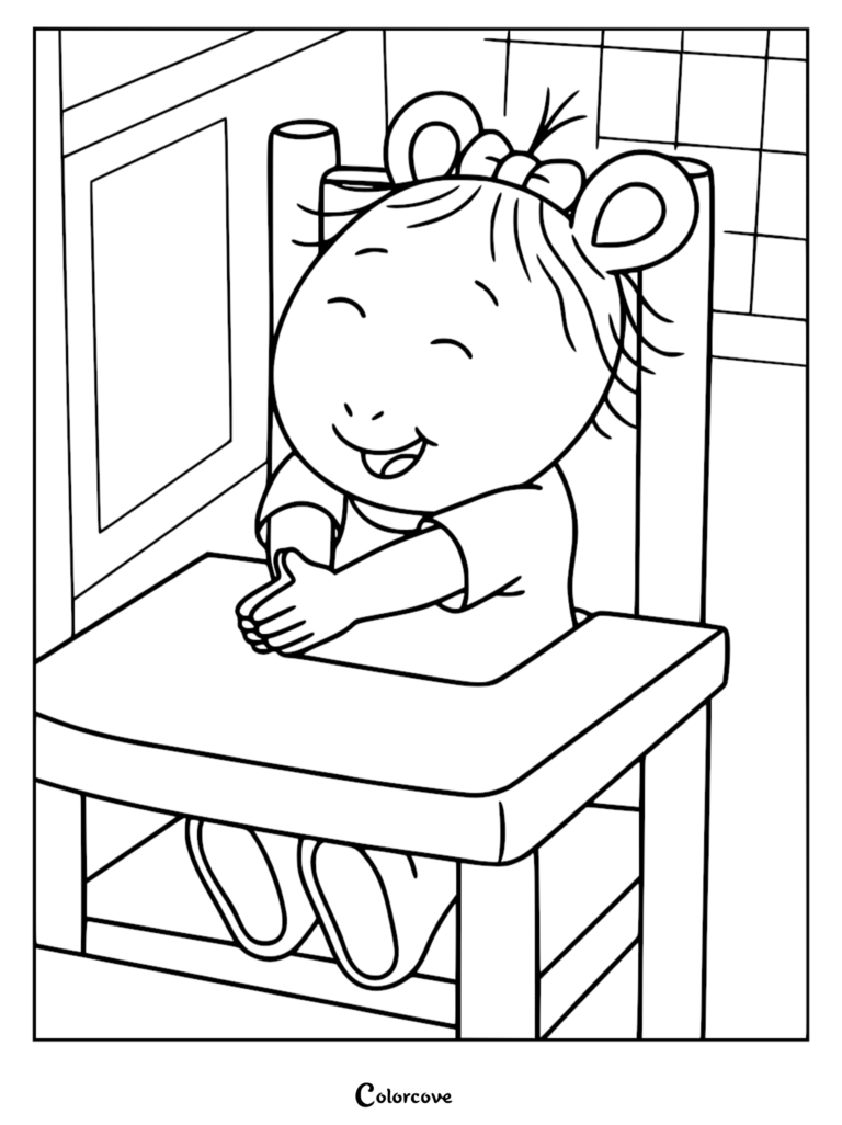 Kate Read sitting happily in a high chair, printable coloring page featuring Arthur's baby sister.